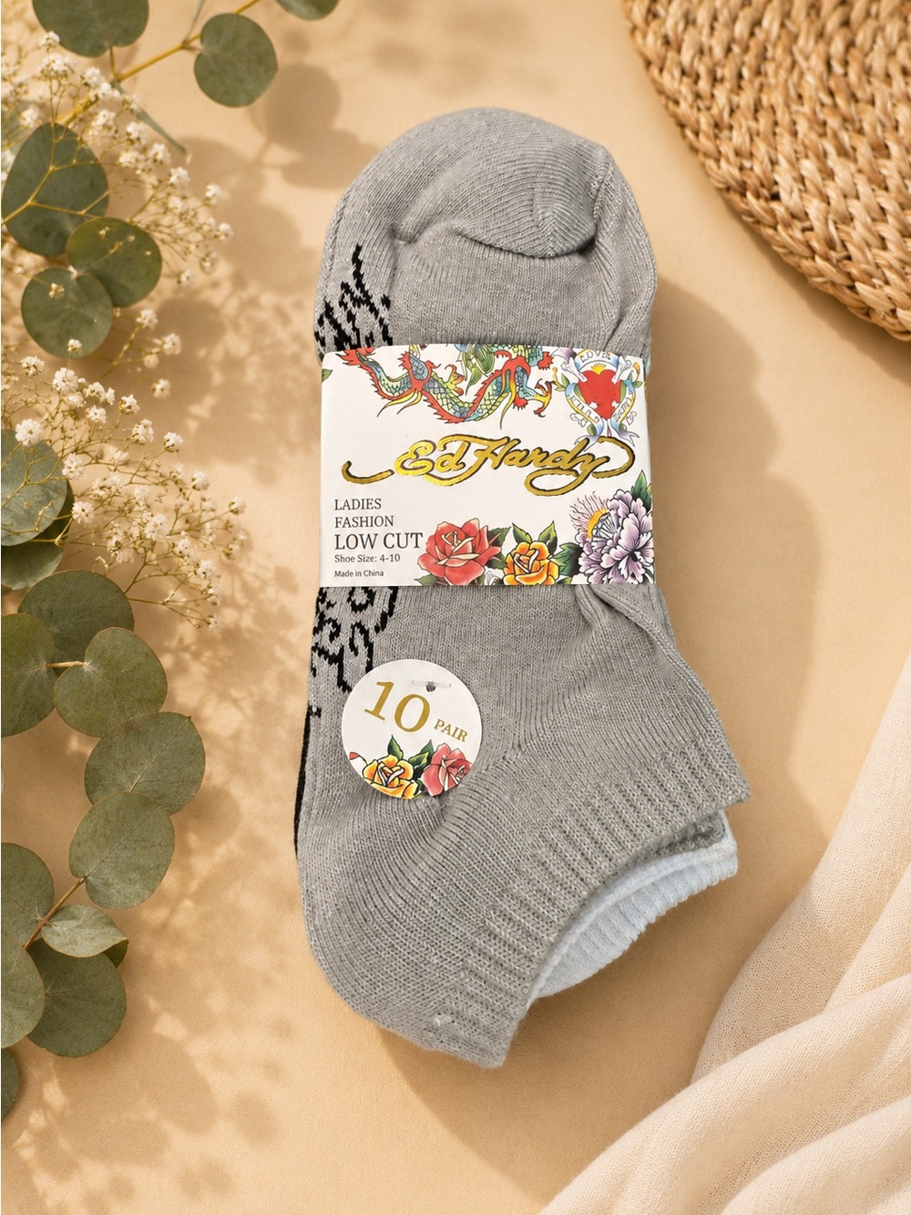 Ed Hardy Gray Low Cut Athletic Socks - 10 Pack